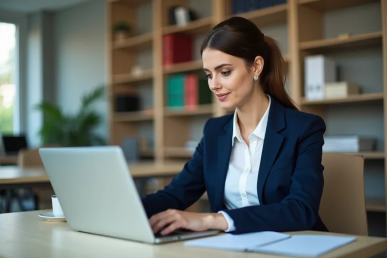 Femme administratrice accédant à la messagerie PIAL sur un ordinateur portable dans un bureau académique
