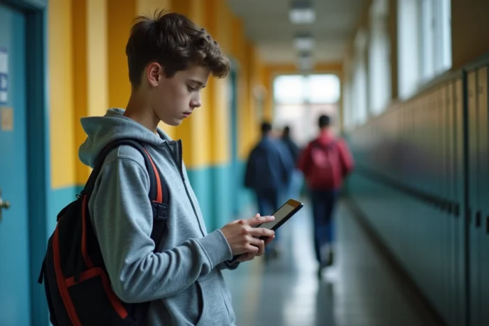 Adolescent consultant son emploi du temps sur tablette via l'ENT dans un couloir de lycée