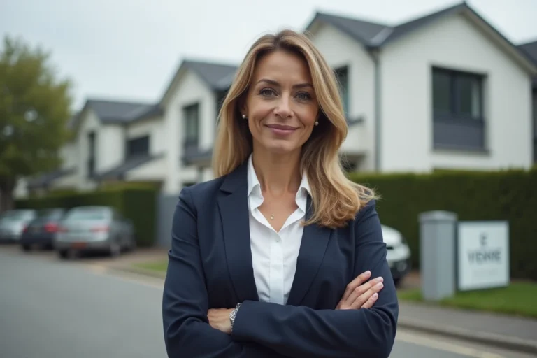 Agent immobilière devant une maison moderne à vendre dans un quartier résidentiel