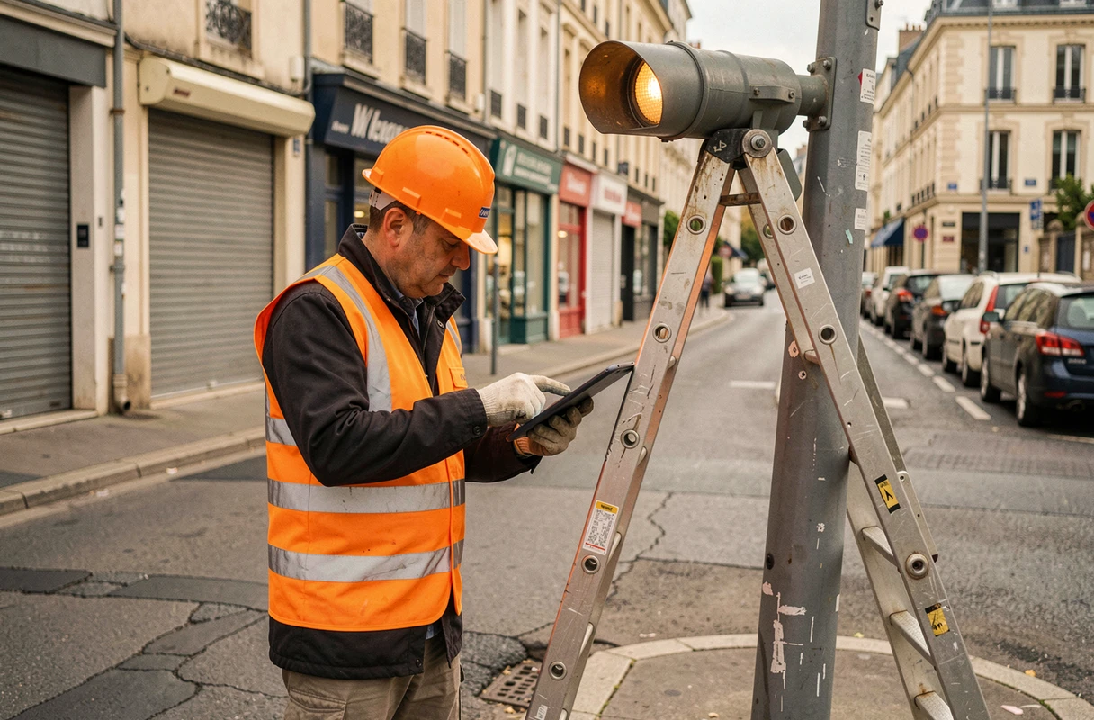 Agent municipal en gilet orange inspectant un feu tricolore défectueux sur une rue française avec une tablette