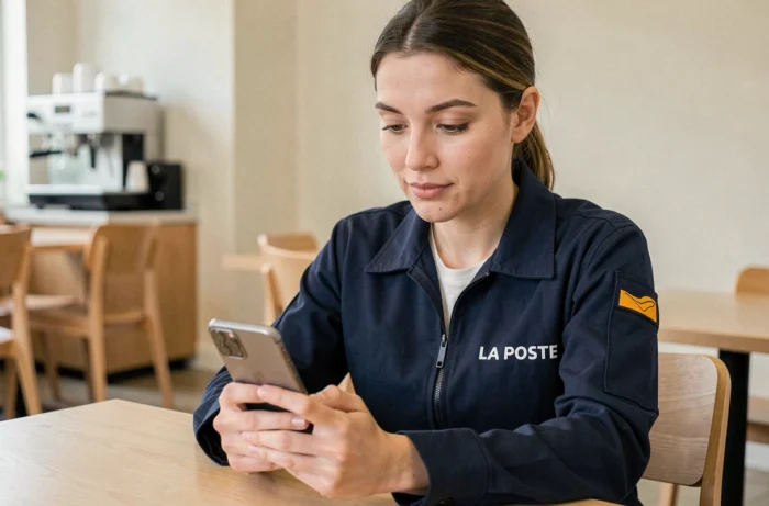 Agente La Poste consultant son espace habillement sur mobile dans une salle de pause