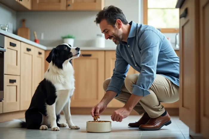 Homme préparant la gamelle de son border collie dans une cuisine moderne, alimentation quotidienne du chien