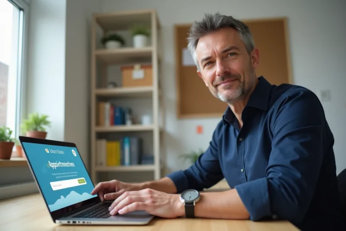 Homme utilisant un ordinateur portable pour réserver une consultation médicale sur une plateforme alternative à Doctolib