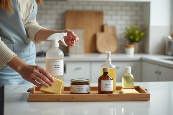 Assortiment de produits ménagers adaptés à différentes surfaces disposés sur un plateau en bois dans une cuisine