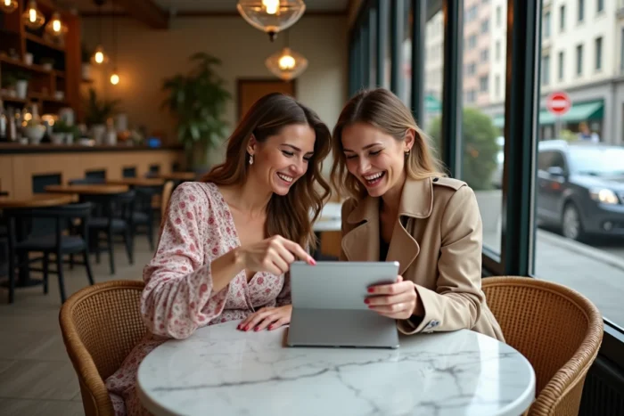 Deux amies riant en parcourant ensemble une boutique en ligne sur une tablette dans un café branché