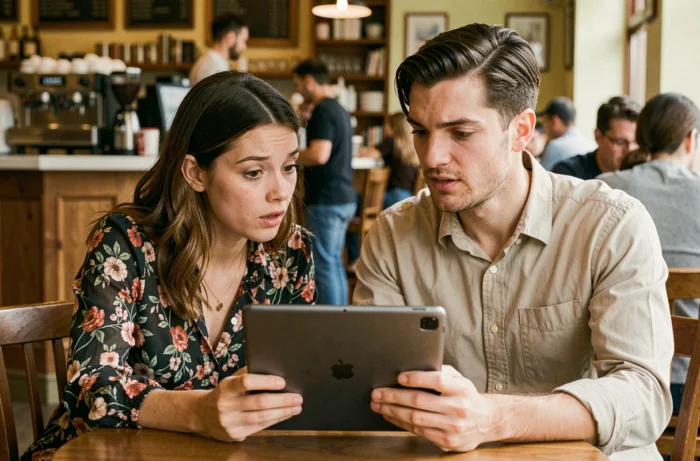 Deux amis dans un café regardant une tablette pour tenter de voir un profil Facebook bloqué