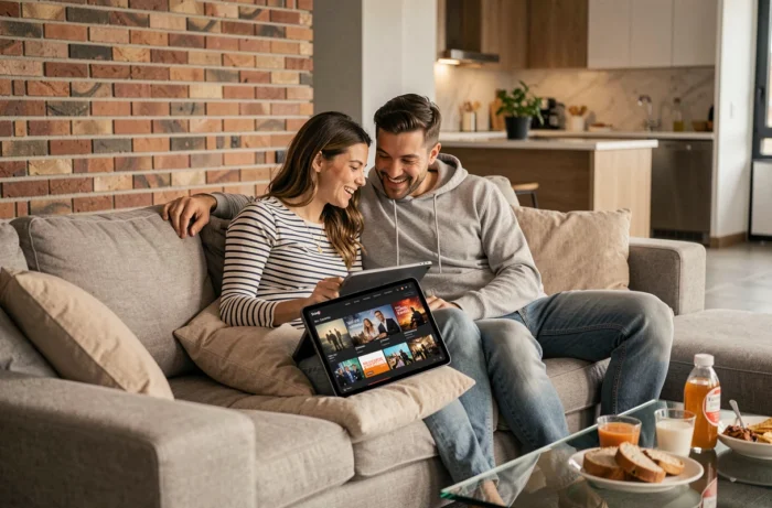 Deux amis choisissant ensemble une série à regarder sur une application de streaming français depuis une tablette