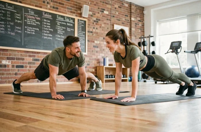 Deux amis faisant des exercices de planche côte à côte dans un studio de fitness communautaire
