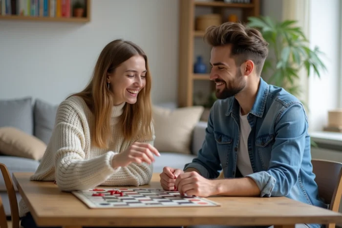 Deux amis jouant à un jeu de société dans un appartement scandinave, idée de loisir convivial et amusant