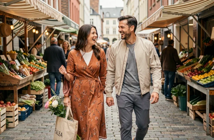 Deux amis souriants portant des sacs tote et flânant dans un marché urbain animé aux étals colorés, habillés selon les tendances saisonnières