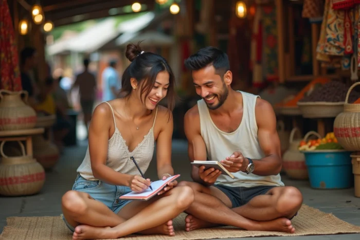 Deux amis voyageurs riant et prenant des notes dans un marché local coloré en Asie du Sud-Est, expérience de voyage authentique