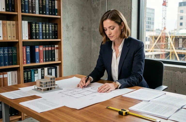 Architecte professionnelle examinant des plans de construction et des documents juridiques dans un bureau moderne pour sécuriser un projet immobilier