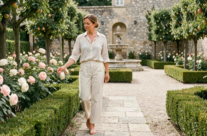 Femme se promenant dans un jardin à la française avec haies taillées, allées en gravier et roses en fleurs en Île-de-France