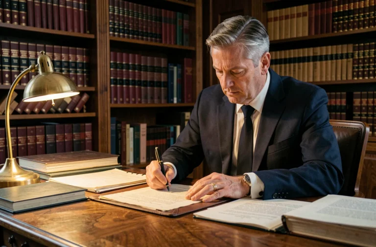 Avocat français consultant des documents juridiques anciens dans un cabinet d'avocat classique, évoquant la jurisprudence de l'arrêt Besse 1991