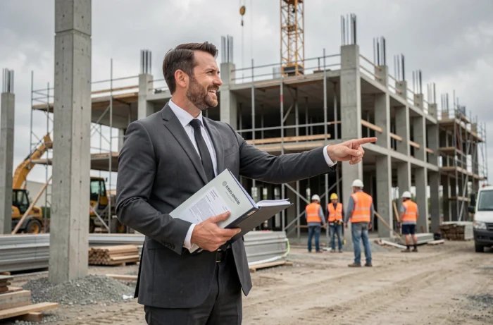 Avocat spécialisé en droit de la construction tenant un contrat juridique devant un chantier immobilier en cours de construction