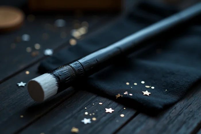 Baguette de magicien faite maison avec un bâton en bois peint en noir et blanc brillant, posée sur un tissu velours sombre entouré de confettis et de paillettes