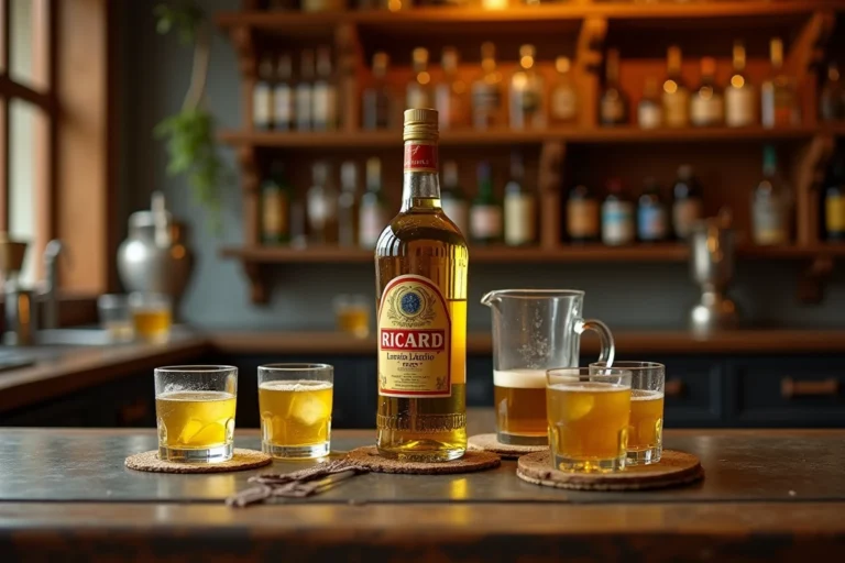 Bouteille de Ricard posée sur un comptoir de bistrot français avec des verres à pastis et un doseur, illustrant le calcul des doses