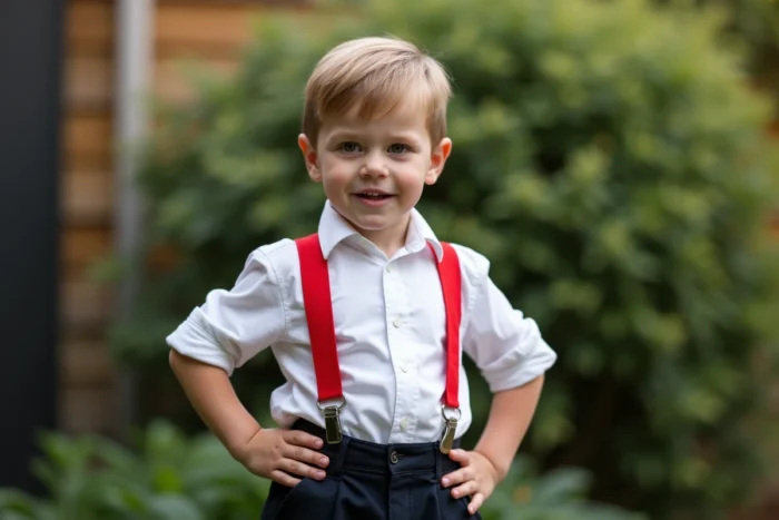 Garçon portant des bretelles de dompteur faites maison en ruban rouge fixées avec des pinces métalliques sur un pantalon sombre, les mains sur les hanches