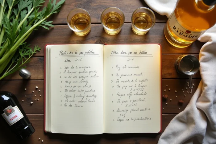 Vue à plat d'une bouteille de Ricard avec des verres et un carnet de calcul de doses pour organiser une soirée