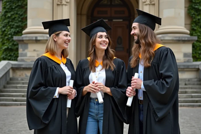 Groupe d'étudiants en toge lors d'une cérémonie de remise de diplôme bac+6