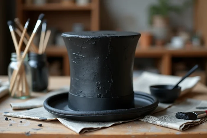 Chapeau haut-de-forme en papier mâché fait main, partiellement peint en noir, séchant sur un établi entouré de bandes de papier journal et de colle