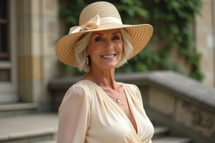 Femme élégante de plus de 50 ans avec une coupe courte blanche portant un chapeau de paille champagne à ruban satiné devant un château français