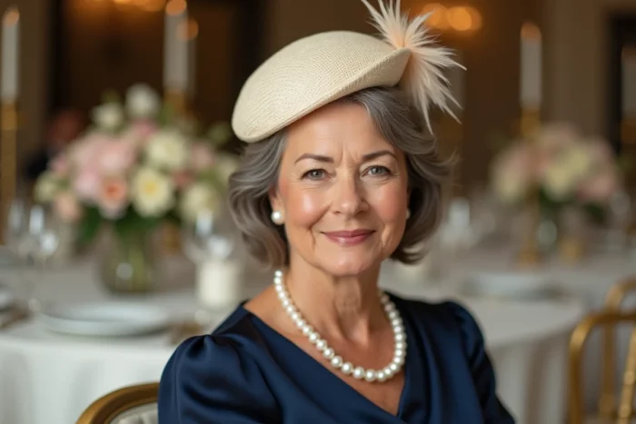 Femme aux cheveux courts gris en chignon bas portant un chapeau pillbox crème avec plumes lors d'une réception de mariage intérieure