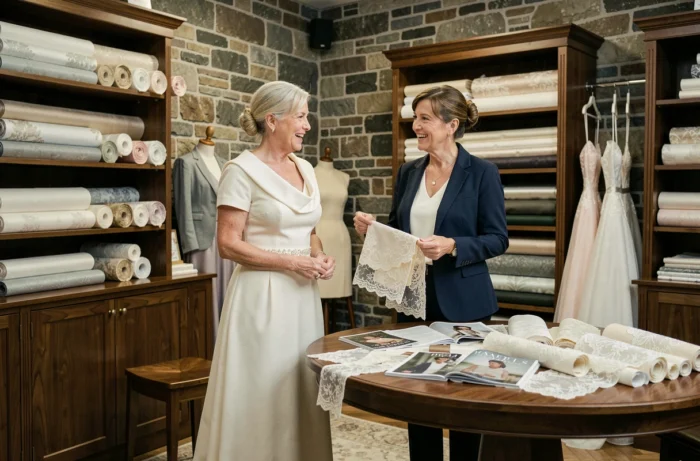 Femme de plus de 60 ans choisissant sa robe de mariée avec une conseillère dans un atelier de couture élégant