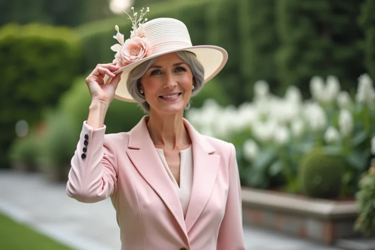 Femme de 50 ans avec une coupe pixie argentée portant un chapeau fascinator ivoire orné de fleurs pour un mariage en jardin