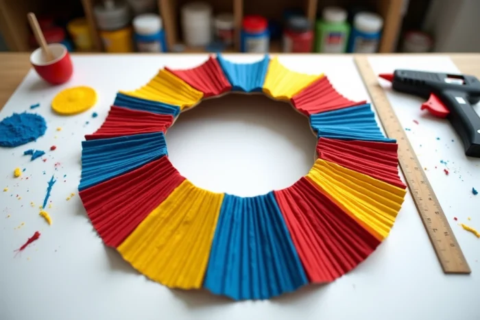 Collerette de clown faite maison en carton ondulé plissé et peinte en rouge, jaune et bleu posée à plat sur une table d'atelier avec colle et règle