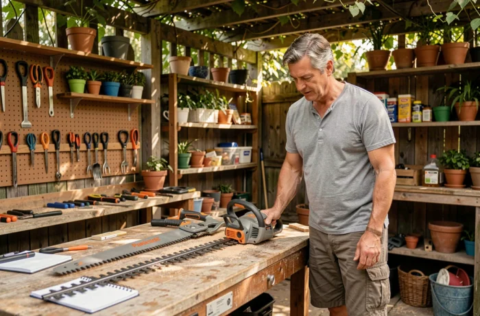 Homme comparant des outils de jardin Parkside sur un établi extérieur lors d'un test comparatif