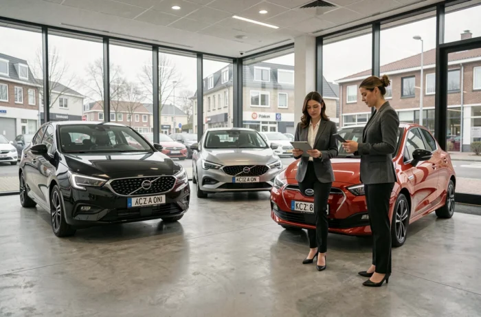 Salle d'exposition d'un concessionnaire automobile belge avec consultant et véhicules récents