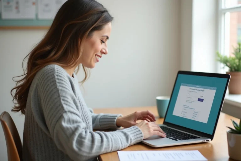 Femme connectée à son espace patient Keldoc sur un ordinateur portable dans un bureau à domicile