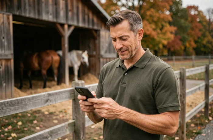 Homme consultant le plan du site Equitorne.fr sur smartphone devant un paddock avec des chevaux