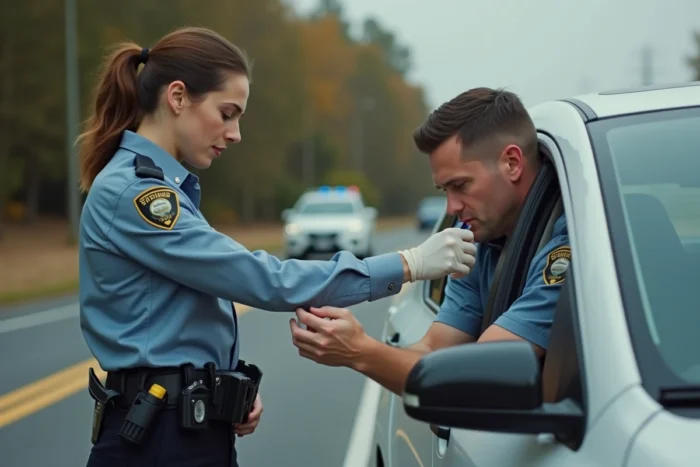 Policière administrant un test salivaire de détection de drogues à un conducteur lors d'un contrôle routier