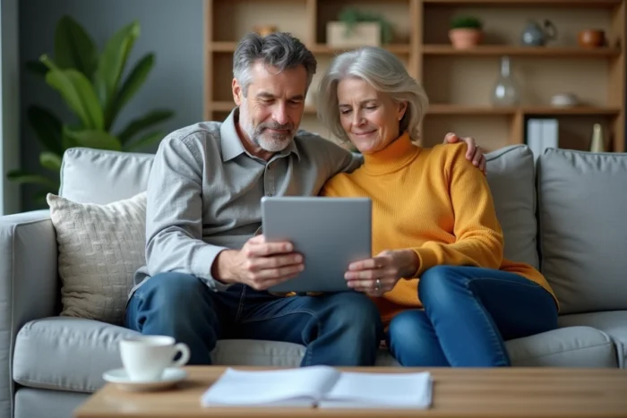 Couple analysant ensemble un relevé bancaire pour comprendre un prélèvement Imprimerie Nationale Flers