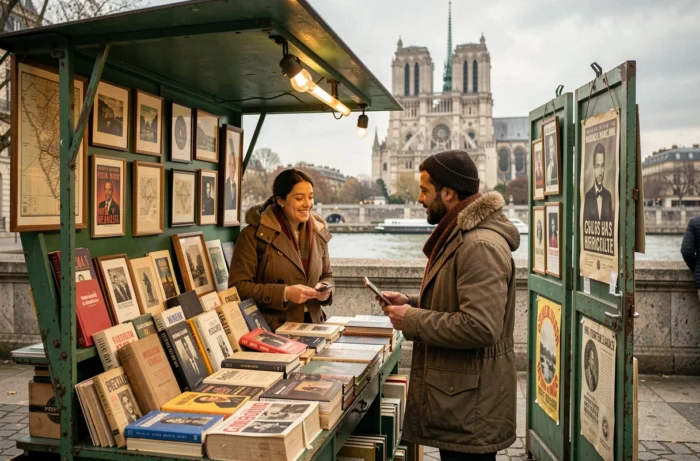 Couple feuilletant des livres anciens chez un bouquiniste sur les quais de Seine à Paris, une astuce incontournable pour les visiteurs