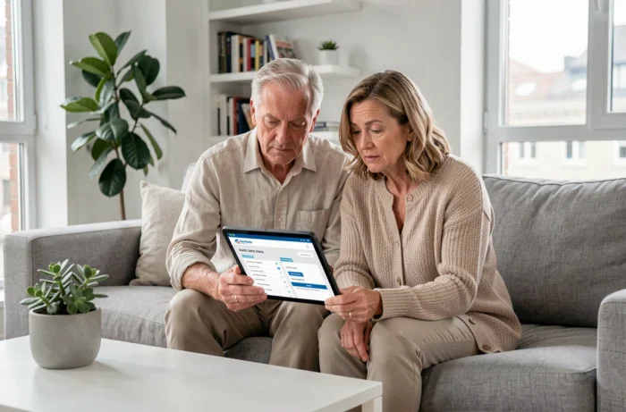 Couple comparant des offres de mutuelle santé sur une tablette dans leur salon