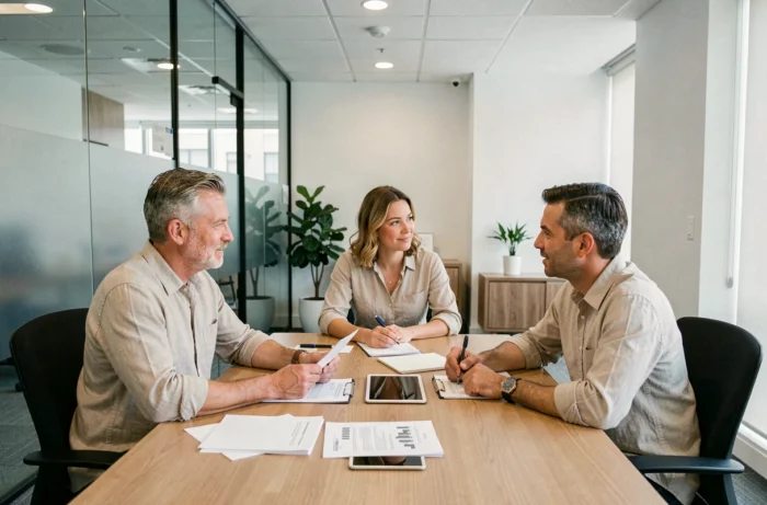 Couple en rendez-vous avec un conseiller bancaire pour un prêt immobilier