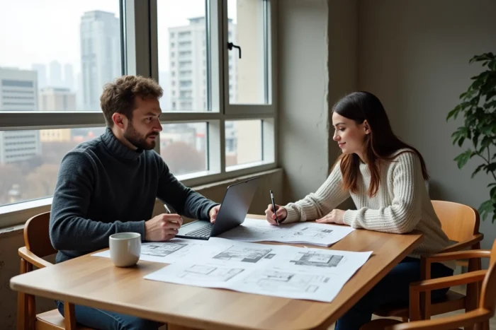 Couple étudiant des plans immobiliers et des documents de vente dans un appartement contemporain