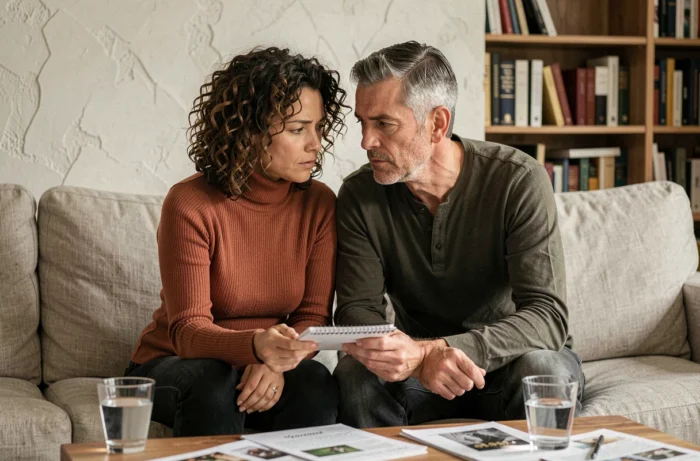 Couple dans la quarantaine assis ensemble sur un canapé en lin, consultant des documents pour mieux gérer les défis et responsabilités familiales modernes