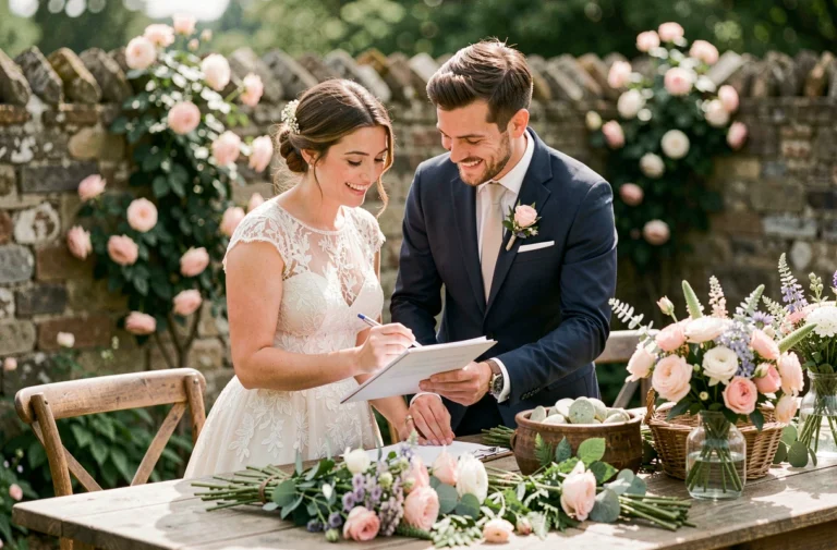 Couple de mariés consultant une liste de préparatifs lors d'une cérémonie de mariage en plein air dans un cadre rustique fleuri