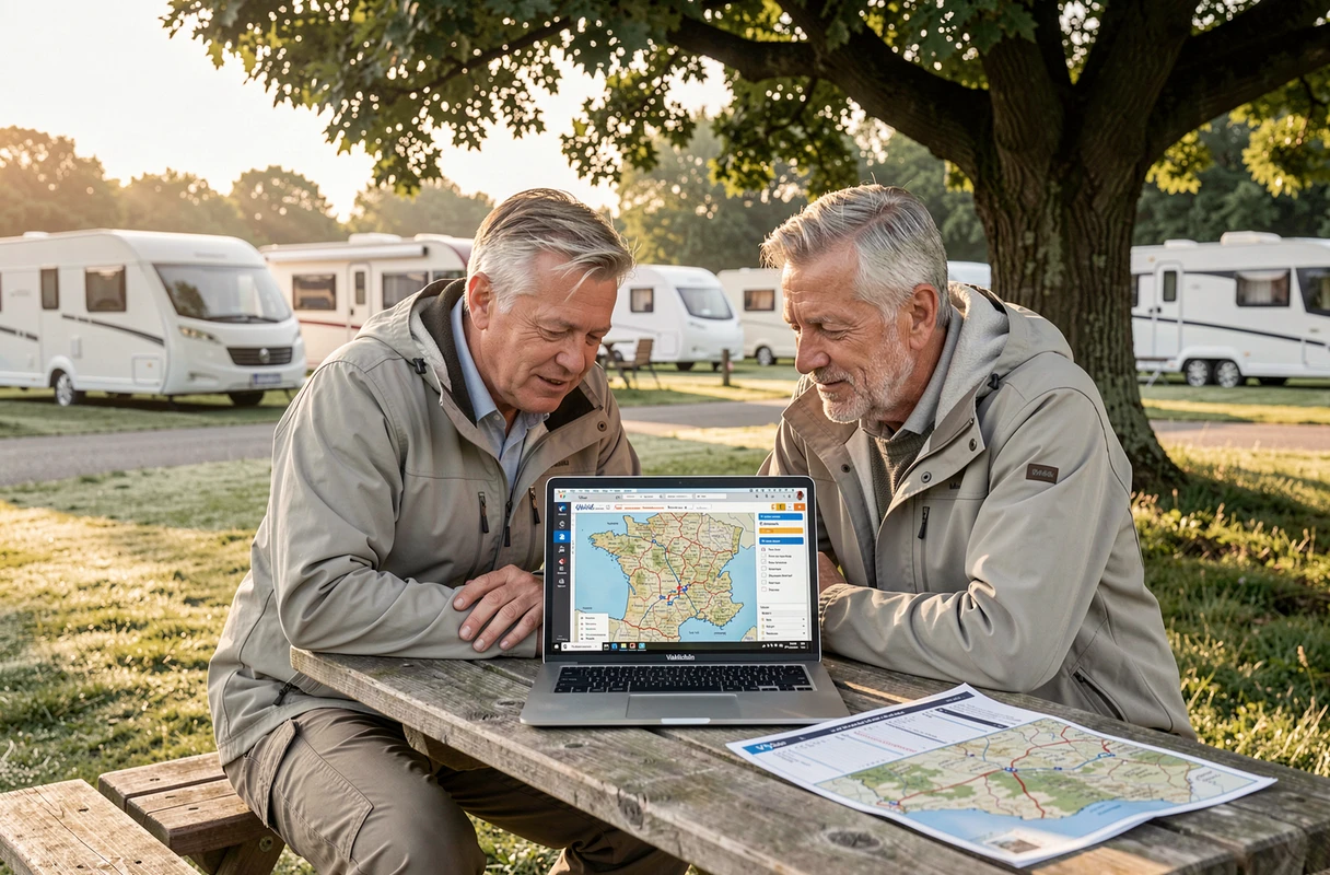 Couple de campeurs planifiant leur itinéraire caravane étape par étape sur ViaMichelin avec un ordinateur portable à la table de pique-nique du camping