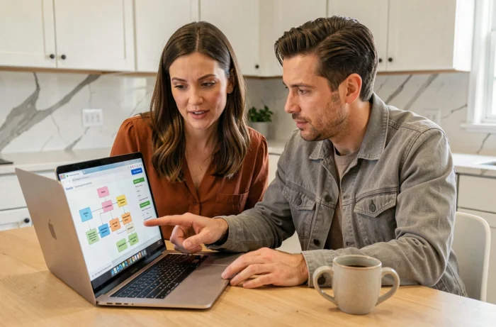 Couple recherchant des annonces immobilières en consultant un sitemap sur un ordinateur portable dans une cuisine moderne