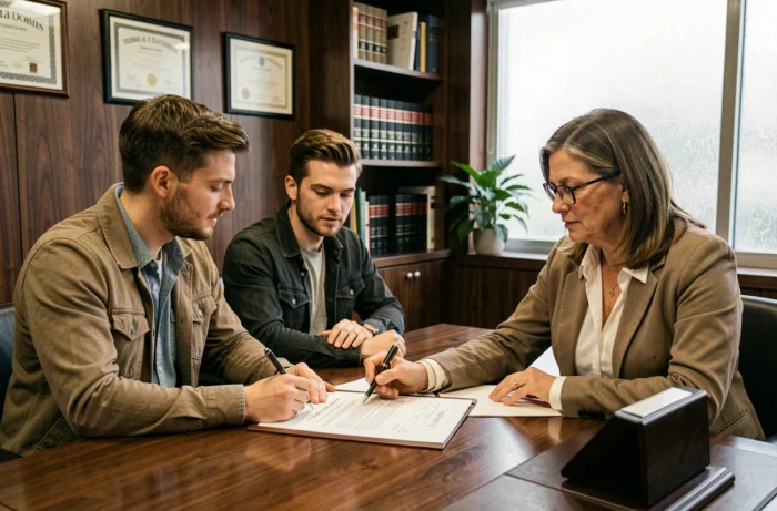 Couple de futurs propriétaires signant un contrat immobilier avec un notaire dans un bureau officiel pour sécuriser leur projet de construction