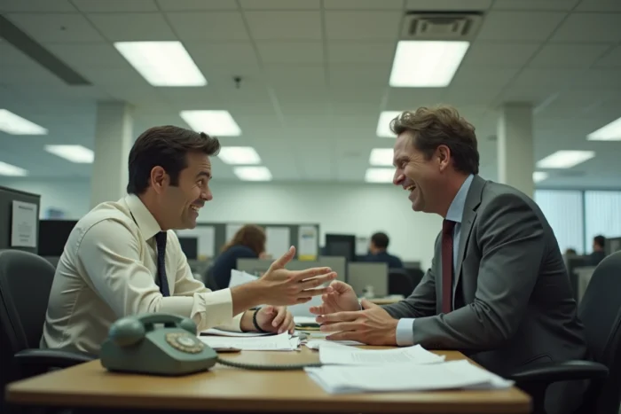 Deux acteurs dans un décor de bureau de série télévisée discutant avec animation d'un sujet controversé