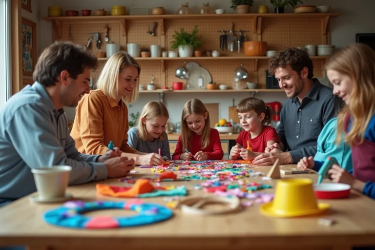 Famille créant ensemble des déguisements de cirque faits maison avec du carton, du tissu et de la peinture sur une grande table d'atelier colorée