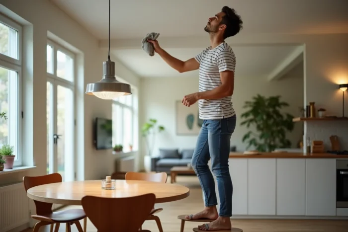 Personne dépoussiérant un luminaire suspendu avec un chiffon microfibre dans une salle à manger