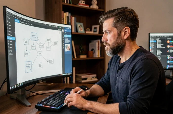 Designer UX masculin travaillant sur un wireframe de navigation de site web sur grand écran incurvé dans un studio à domicile