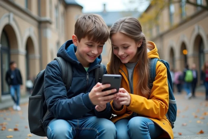 Deux élèves consultant l'ENT sur smartphone dans la cour de leur établissement scolaire